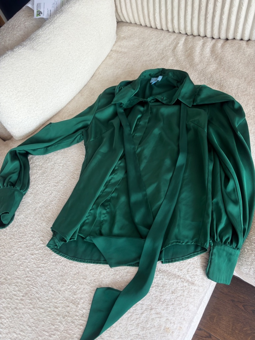 CeCe Emerald Satin Tie-Neck Blouse
